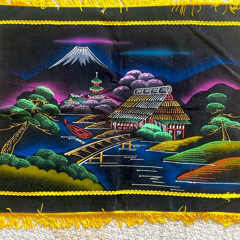 Vintage Hand-Painted Velvet Japanese Landscape Tapestry NWT